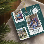 Eerste Kerstmis Nieuwe Stempelfoto's voor thuisfin Keramisch Ornament<br><div class="desc">Fun en gedenkwaardig 'Eerste Kerstmis in ons nieuwe thuis' ornament. Het ontwerp biedt onze leuke postzegels voor het collage van foto's. Collage met 3 foto's om uw speciale foto's van uw familie en nieuw huis weer te geven. tekst met familiehandtekening, jaar, adres en monogram. Dit ornament zou een geweldig cadeau...</div>