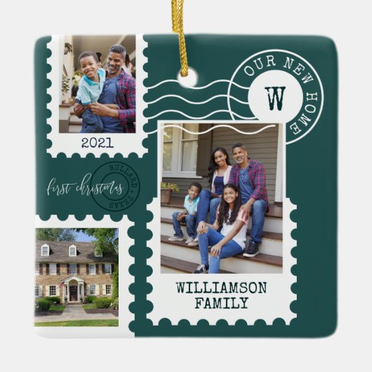 Eerste Kerstmis Nieuwe Stempelfoto's voor thuisfin Keramisch Ornament (Voorkant)