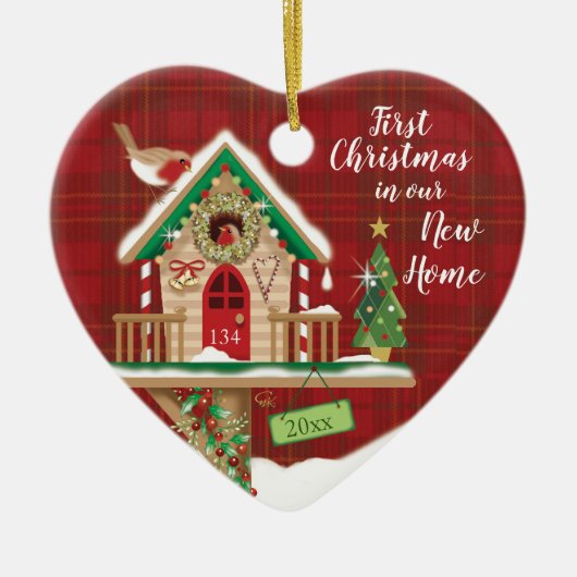 Eerste Kerstmis, Ons Nieuwe Huis, Birdhouse, Steph Keramisch Ornament (Voorkant)