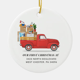 Eerste Kerstmis op New Home Red Loaded Truck Keramisch Ornament
