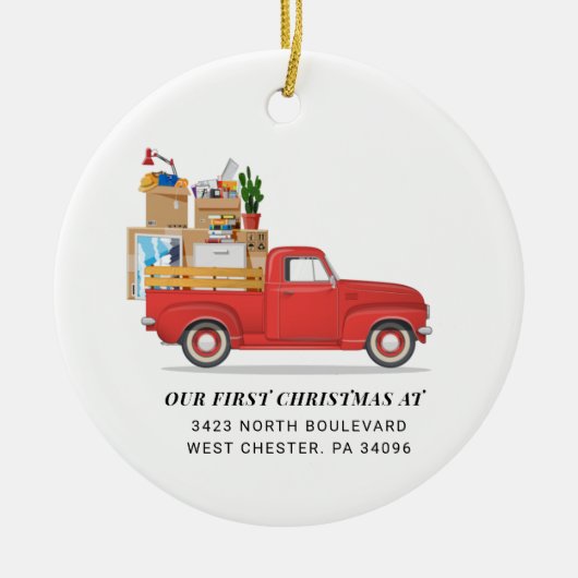Eerste Kerstmis op New Home Red Loaded Truck Keramisch Ornament (Voorkant)