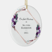 Eerste Kerstmis Paarse Floral Geometric Lijst Keramisch Ornament (Rechts)