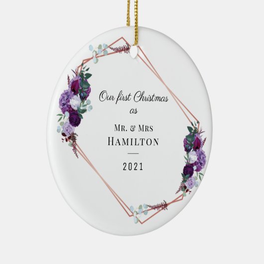 Eerste Kerstmis Paarse Floral Geometric Lijst Keramisch Ornament (Rechts)