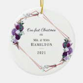 Eerste Kerstmis Paarse Floral Geometric Lijst Keramisch Ornament (Voorkant)