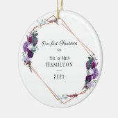 Eerste Kerstmis Paarse Floral Geometric Lijst Keramisch Ornament (Links)