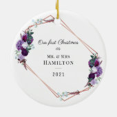 Eerste Kerstmis Paarse Floral Geometric Lijst Keramisch Ornament (Achterkant)