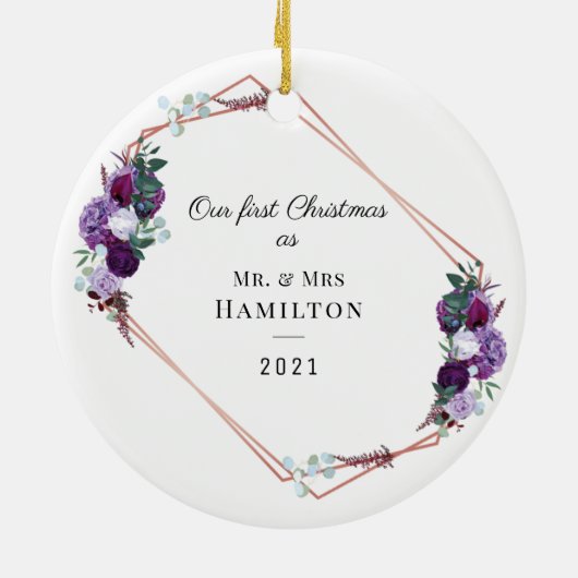 Eerste Kerstmis Paarse Floral Geometric Lijst Keramisch Ornament (Achterkant)