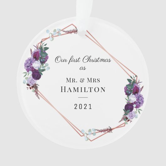 Eerste Kerstmis Paarse Floral Geometric Lijst Ornament (voorkant)