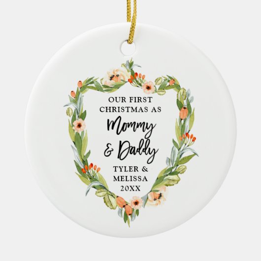 Eerste Kerstmis Papa op maat van Greenery Keramisch Ornament (Voorkant)