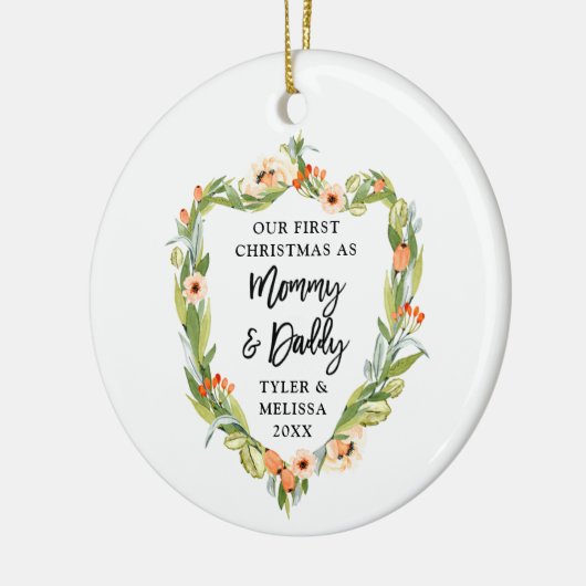 Eerste Kerstmis Papa op maat van Greenery Keramisch Ornament (Links)