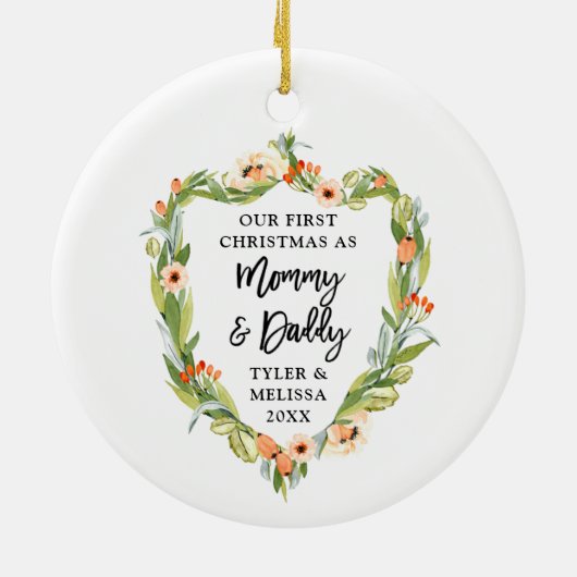 Eerste Kerstmis Papa op maat van Greenery Keramisch Ornament (Achterkant)