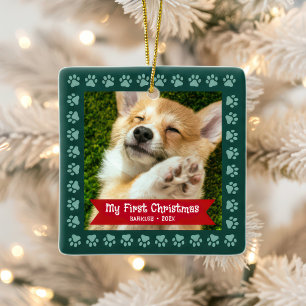 Eerste Kerstmis Pet Puppy Foto Pootjes Groen Custo Keramisch Ornament