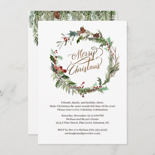 Eerste kerstmis Pine Berry Holly Uitnodiging (Voorkant / Achterkant)