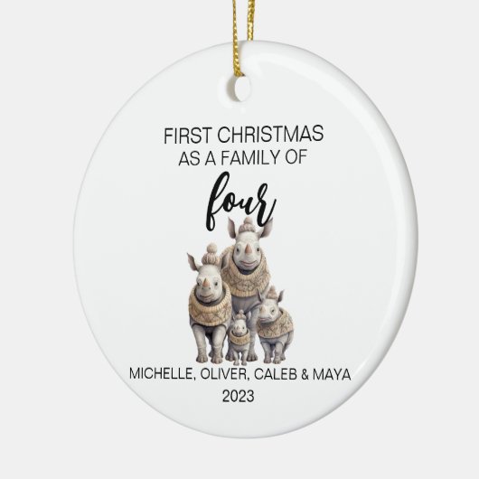 Eerste Kerstmis Rhino Familie van Vier Keramisch Ornament (Links)