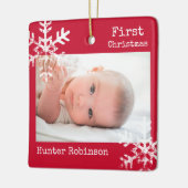 Eerste Kerstmis Rode Custom Foto met Sneeuwvlokken Keramisch Ornament (Links)