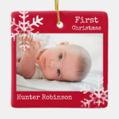 Eerste Kerstmis Rode Custom Foto met Sneeuwvlokken Keramisch Ornament (Voorkant)