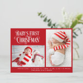 EERSTE KERSTMIS rode vakantie geboorte aankondigin Feestdagenkaart (Staand voorkant)