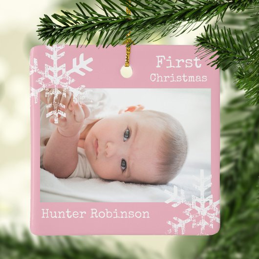 Eerste Kerstmis Roze Custom Foto met Sneeuwvlokken Keramisch Ornament