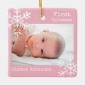 Eerste Kerstmis Roze Custom Foto met Sneeuwvlokken Keramisch Ornament (Voorkant)