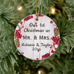 Eerste Kerstmis Rustic Mr & Mrs Foto Keramisch Ornament