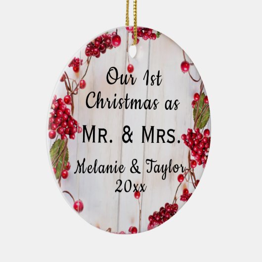 Eerste Kerstmis Rustic Mr & Mrs Foto Keramisch Ornament (Rechts)