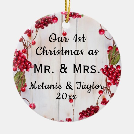 Eerste Kerstmis Rustic Mr & Mrs Foto Keramisch Ornament (Voorkant)