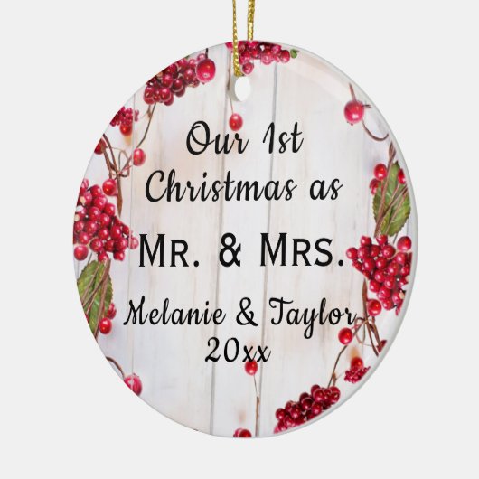 Eerste Kerstmis Rustic Mr & Mrs Foto Keramisch Ornament (Links)