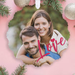 Eerste Kerstmis samen foto liefde script modern Ornament Kaart<br><div class="desc">Upload je favoriete foto (bij voorkeur vierkant),  voeg jouw tekst,  namen en datum in en maak van deze trendy,  moderne roze kerstboom ornament kaart een aandenken cadeau om je te herinneren aan je relatie,  verloving,  bruiloft of het jubileum van een ander paar!</div>