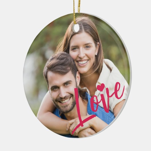Eerste Kerstmis samen foto roze liefdesscript Keramisch Ornament (Links)