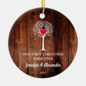 Eerste Kerstmis samen liefde boom hout foto Keramisch Ornament (Voorkant)