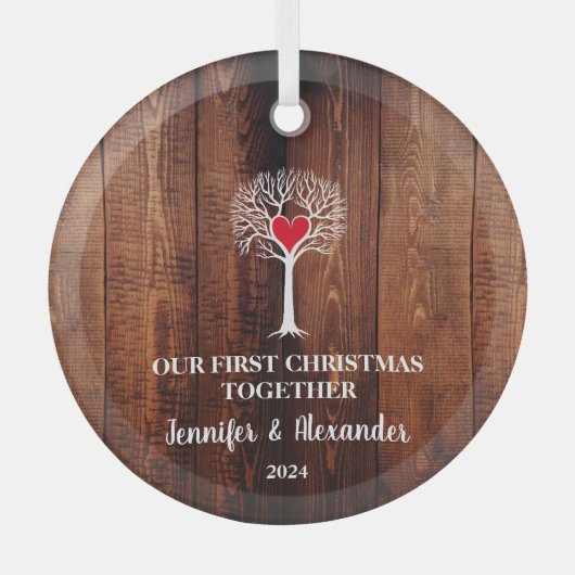 Eerste Kerstmis samen liefdeshout Glas Ornament (Voorkant)