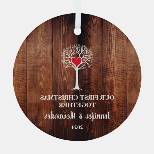 Eerste Kerstmis samen liefdeshout Glas Ornament (Achterkant)