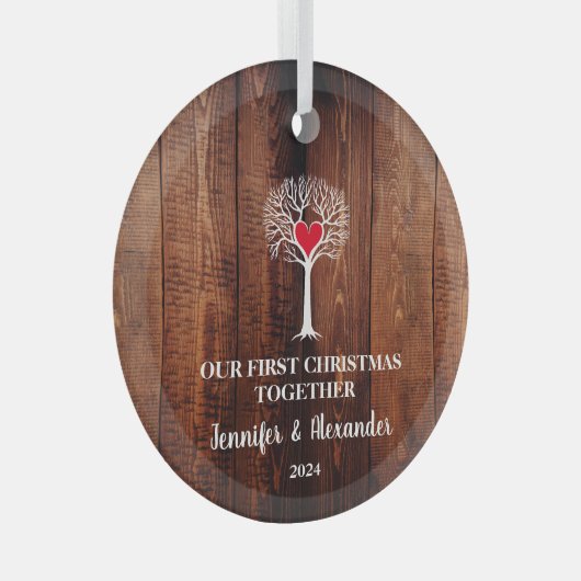 Eerste Kerstmis samen liefdeshout Glas Ornament (Voorkant Rechts)
