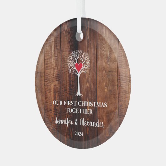 Eerste Kerstmis samen liefdeshout Glas Ornament (Voorkant links)