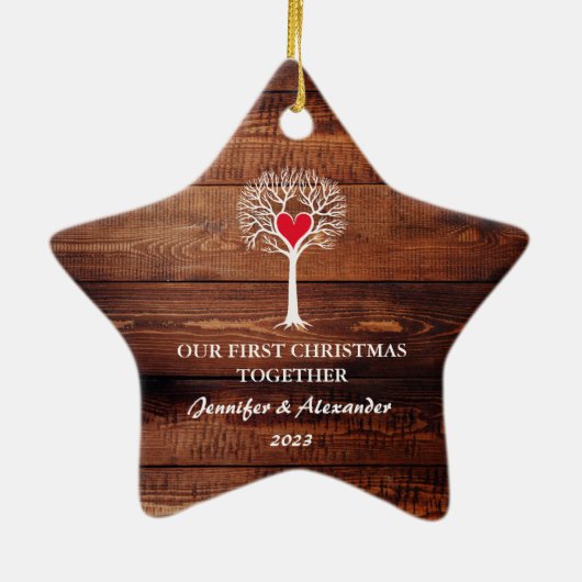 Eerste Kerstmis samen liefdeshout Keramisch Ornament (Achterkant)