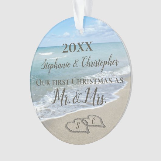 Eerste Kerstmis samen met Beach Wedding Mr Mrs. Ornament (voorkant)