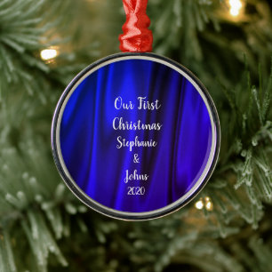 Eerste Kerstmis samen met Bright Blue Satin Royal Metalen Ornament