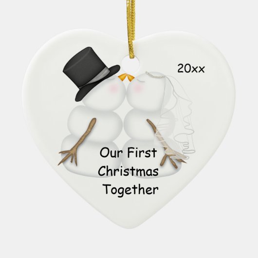 Eerste Kerstmis samen met SNOWMAN COUPLE 2014 Keramisch Ornament (Voorkant)