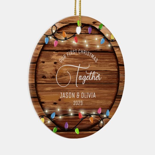 Eerste Kerstmis samen rustieke string licht foto Keramisch Ornament (Rechts)