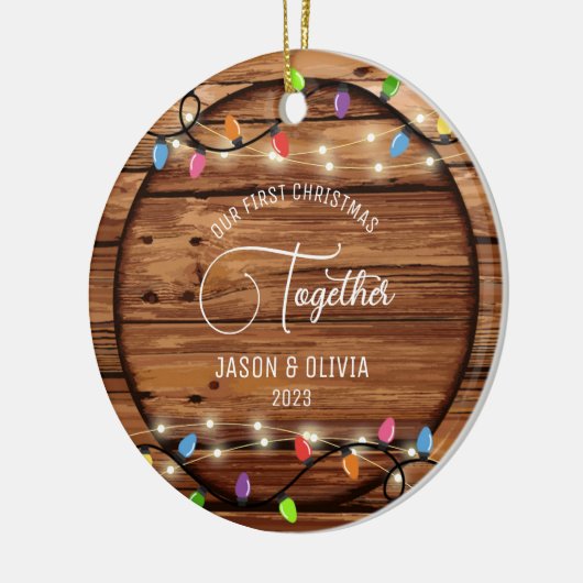 Eerste Kerstmis samen rustieke string licht foto Keramisch Ornament (Links)