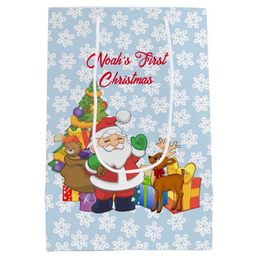 Eerste Kerstmis Santa Boy's Naam Custom Medium Cadeauzakje (Achterkant)