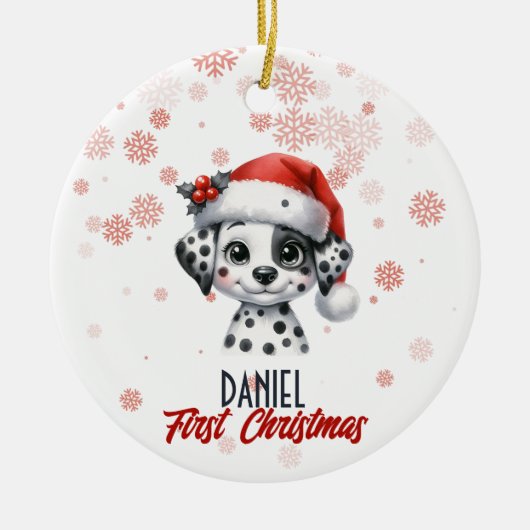 Eerste Kerstmis schattige Dalmatische puppy Orname Keramisch Ornament (Voorkant)