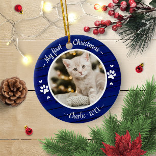 Eerste Kerstmis Simpele Foto Rustieke Blauwe Kat H Keramisch Ornament