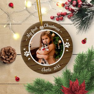 Eerste Kerstmis Simpele Foto Rustieke Kattenhuisdi Keramisch Ornament