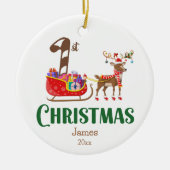 Eerste Kerstmis Sleigh Rendier Naam Kleurrijk Keramisch Ornament (Voorkant)