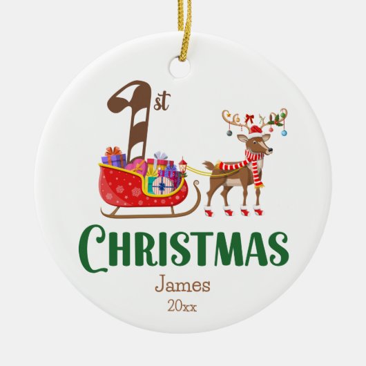 Eerste Kerstmis Sleigh Rendier Naam Kleurrijk Keramisch Ornament (Voorkant)