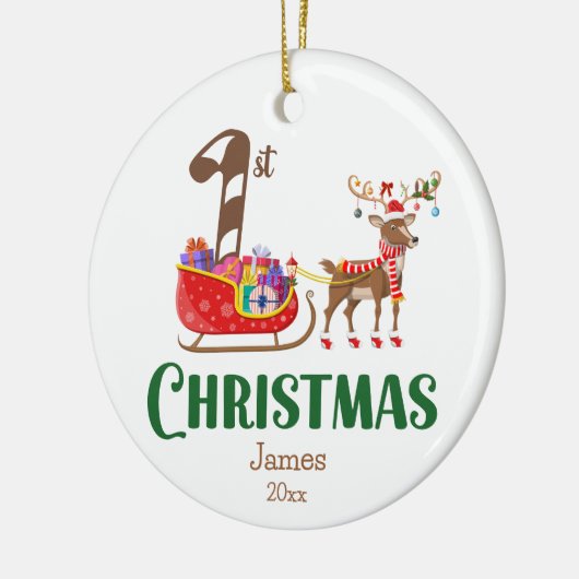 Eerste Kerstmis Sleigh Rendier Naam Kleurrijk Keramisch Ornament (Links)