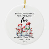 Eerste Kerstmis Sneeuwman Familie van Vijf Keramisch Ornament (Voorkant)