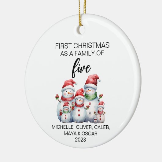 Eerste Kerstmis Sneeuwman Familie van Vijf Keramisch Ornament (Links)