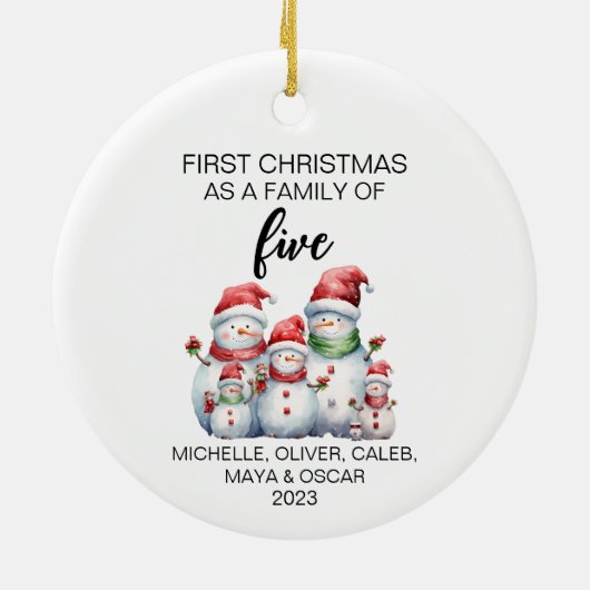 Eerste Kerstmis Sneeuwman Familie van Vijf Keramisch Ornament (Achterkant)